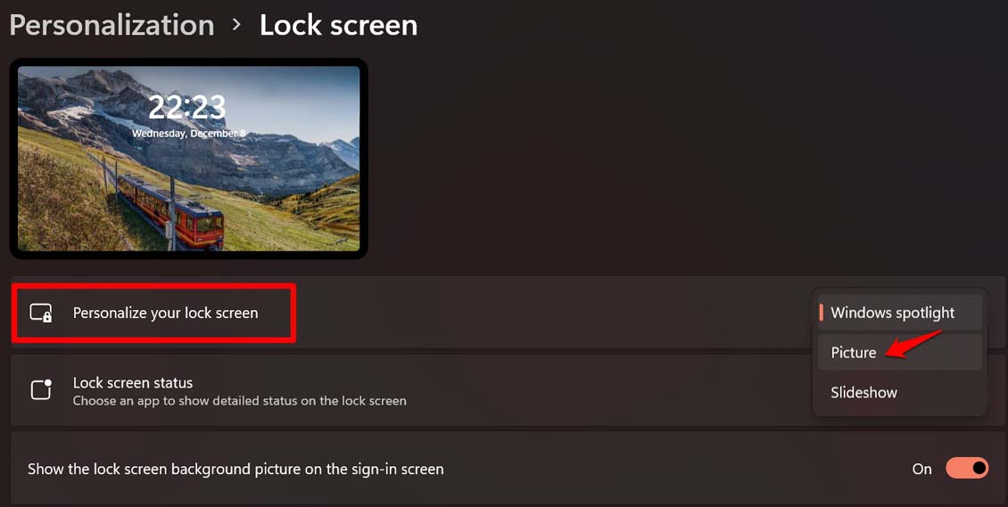 switch to picture on lock screen