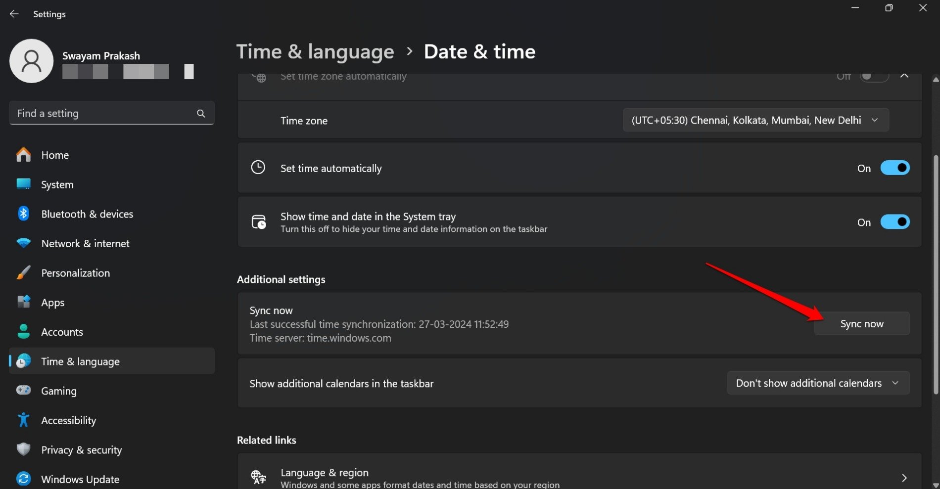 синхронизировать дату и время Windows 11