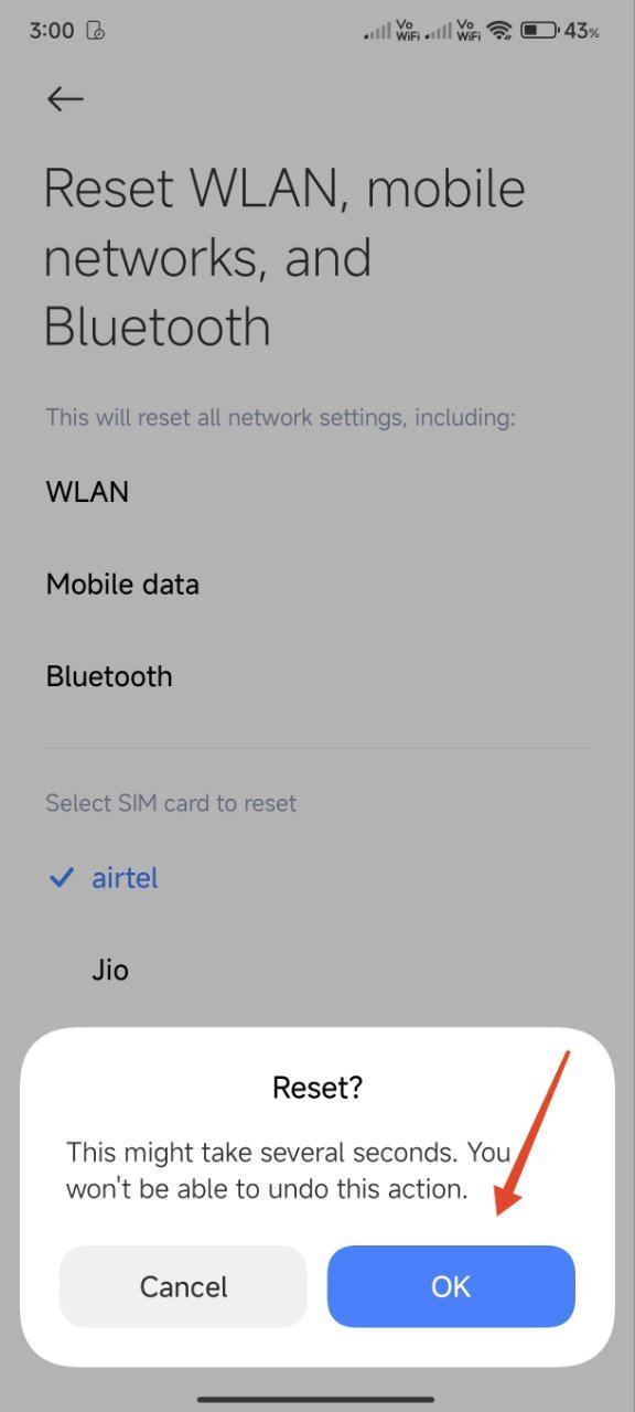 tap ok to reset network settings