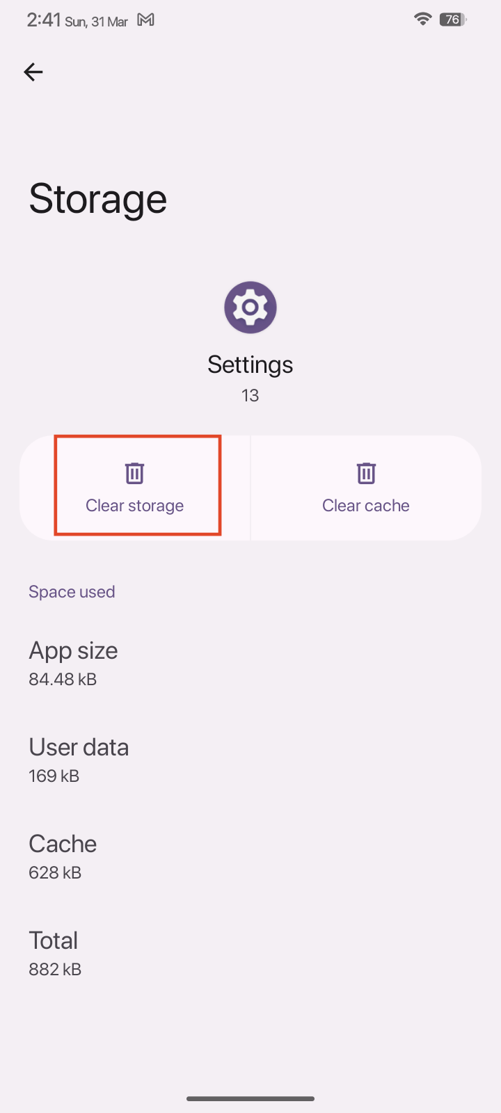 tap on Clear storage for Settings app