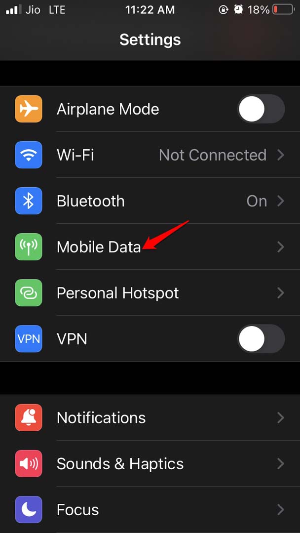 tap on Mobile data iOS