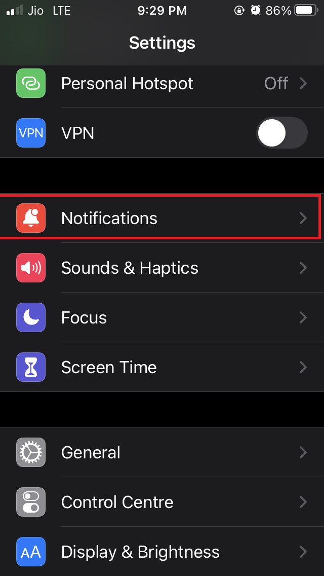 tap on Notifications iOS