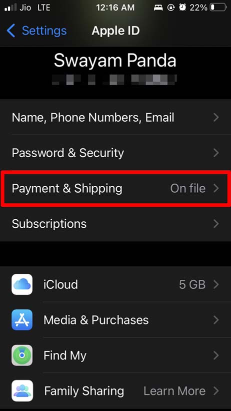 tap on Payment and Shipping
