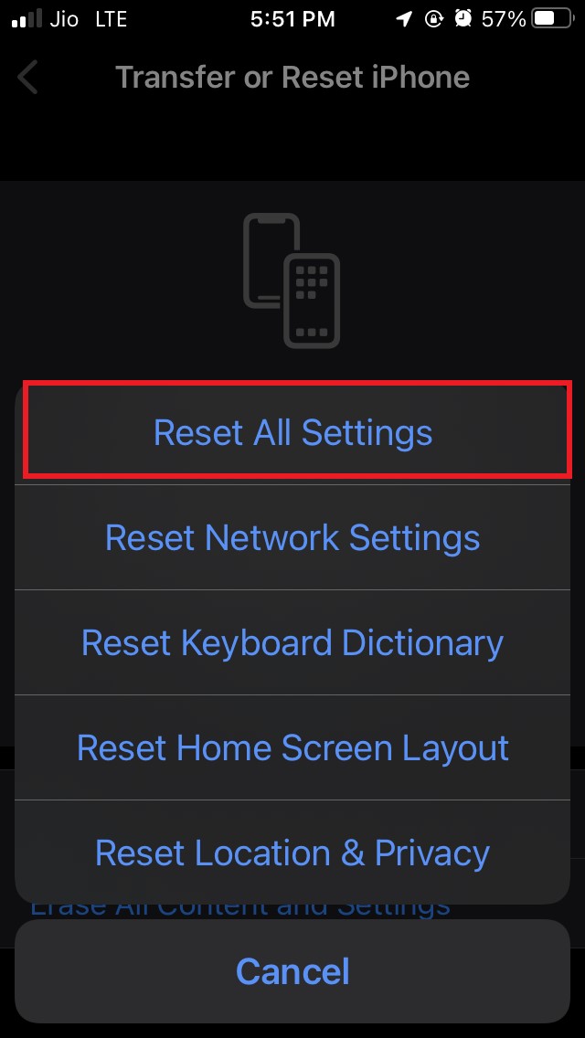tap on Reset all settings