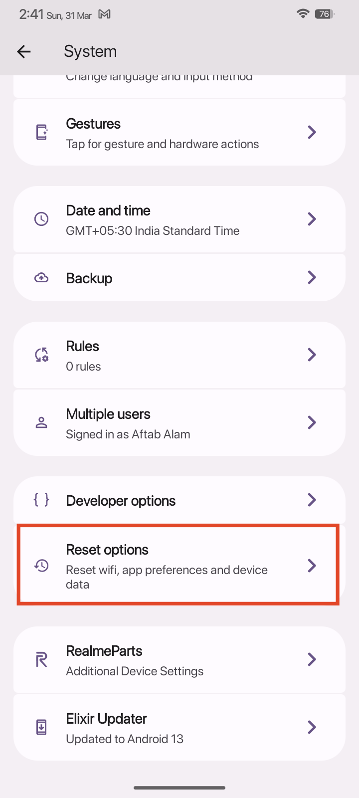 tap on Reset options