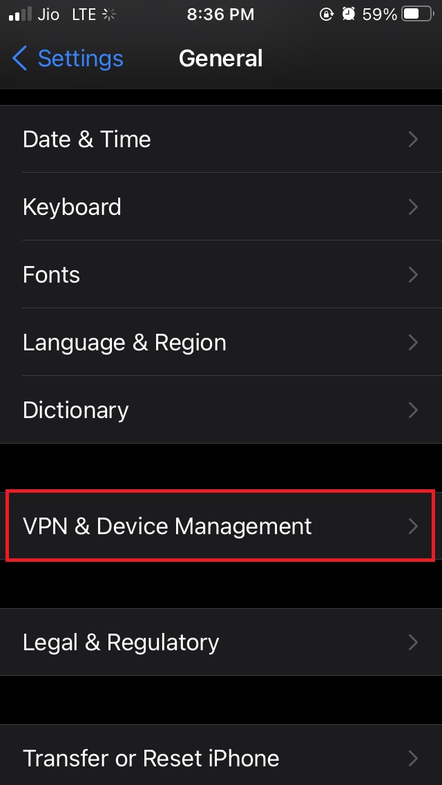 tap on VPN and device management