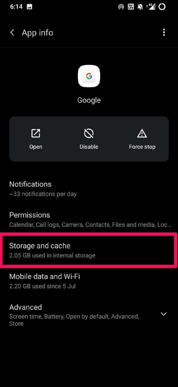 tap on app storage and cache