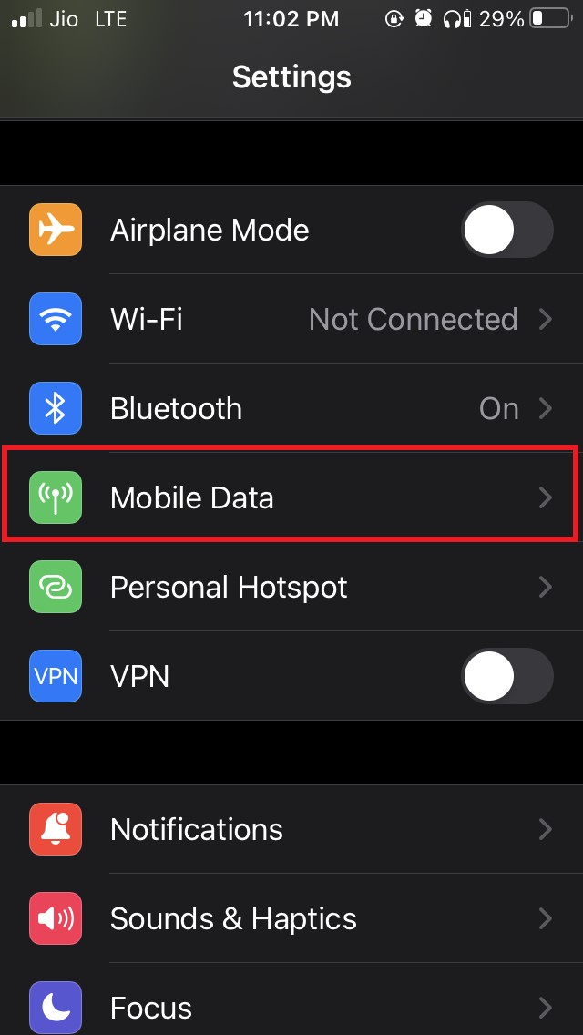 tap on mobile data