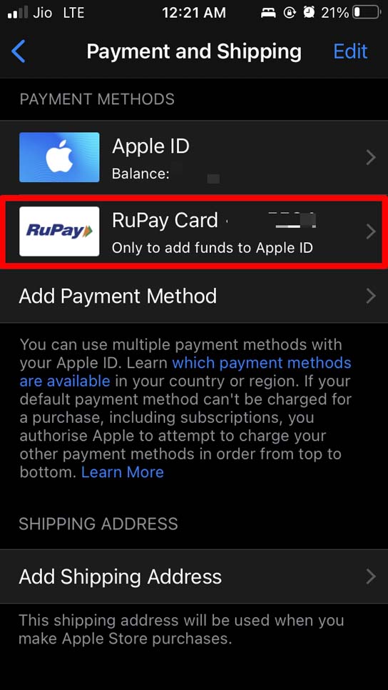 tap on payment method