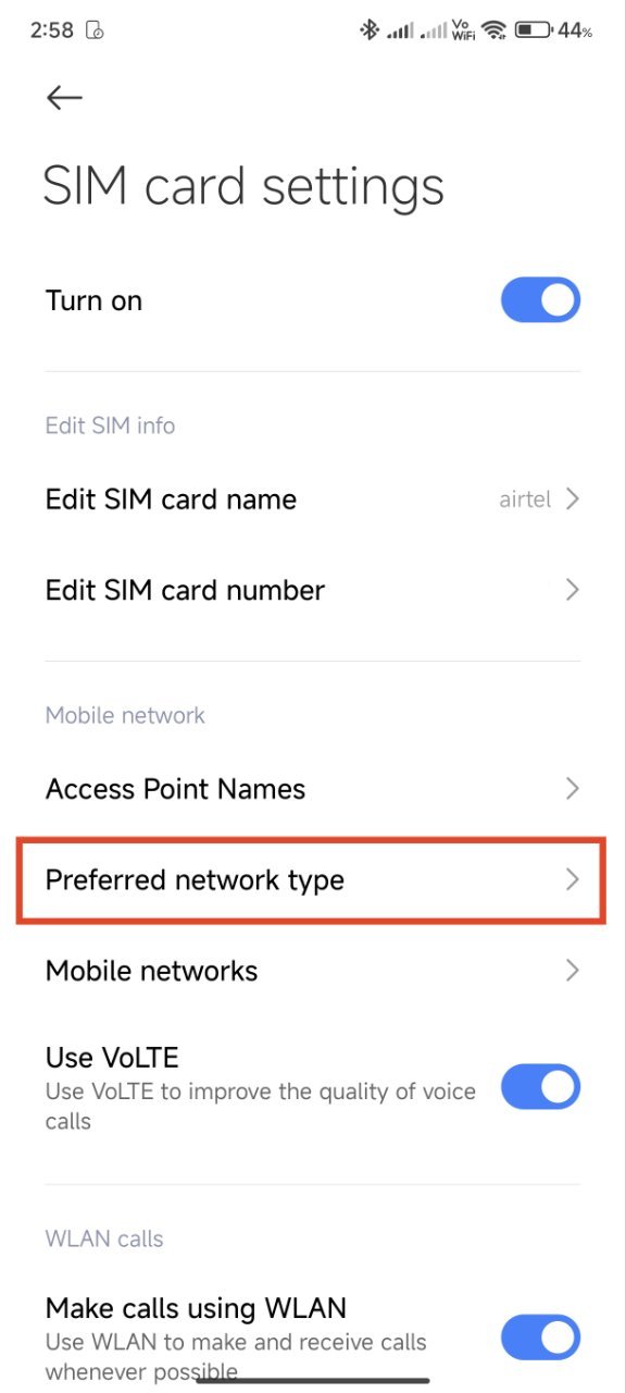 tap on preferred network type