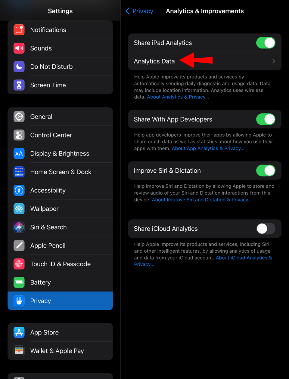 Now, on the Privacy tab scroll down and tap on the 'Analytics & Improvements' tab.