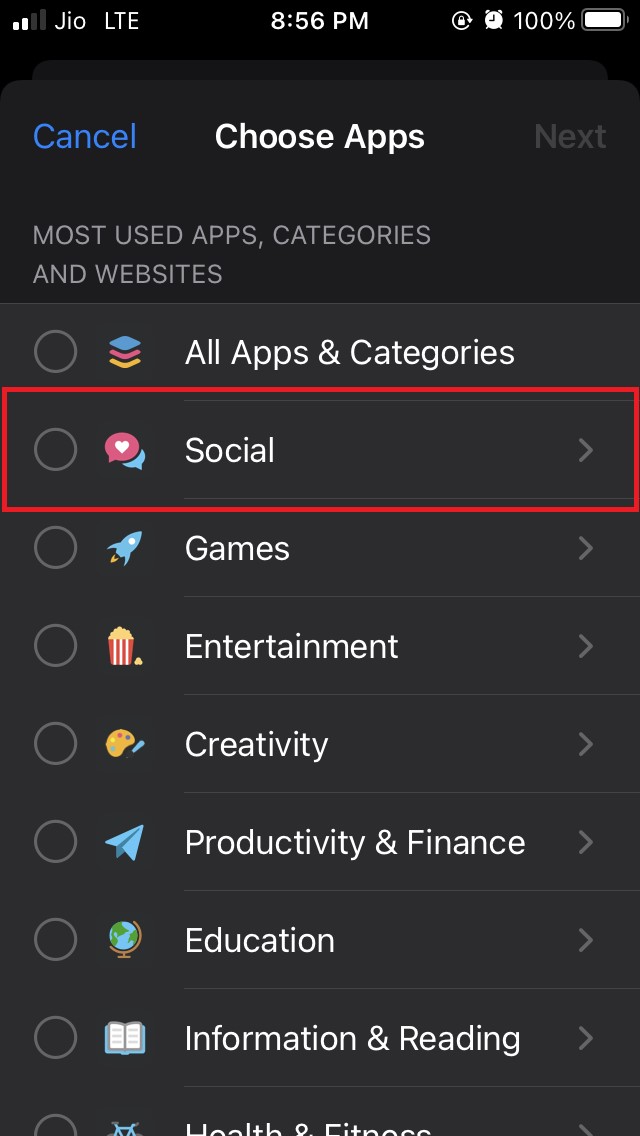 tap on the category social