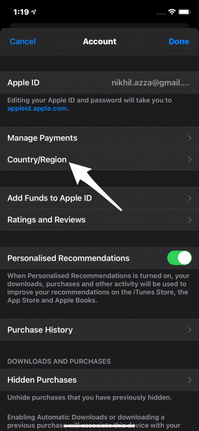 tap on Change Country or Region