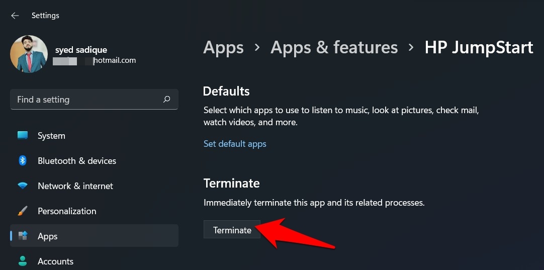terminate app service in windows 11