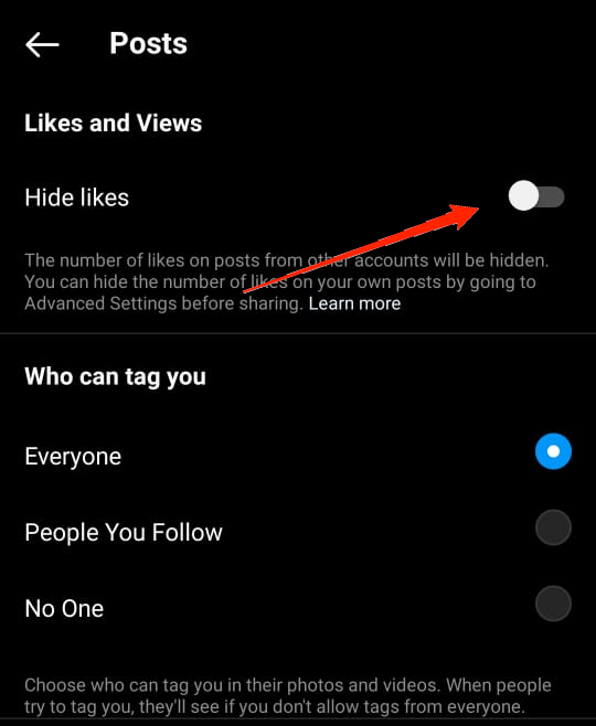 toggle the slider next to Hide Likes under the Likes and Views tab
