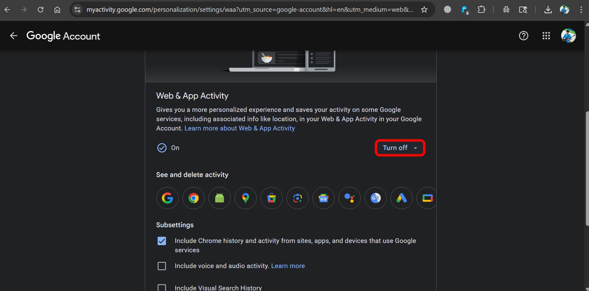 turn off Google web and app activity from account settings