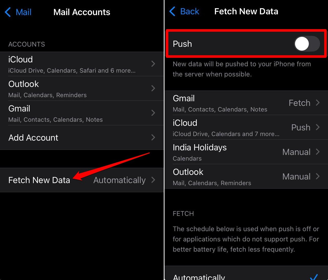 turn off Push in iOS Mail app
