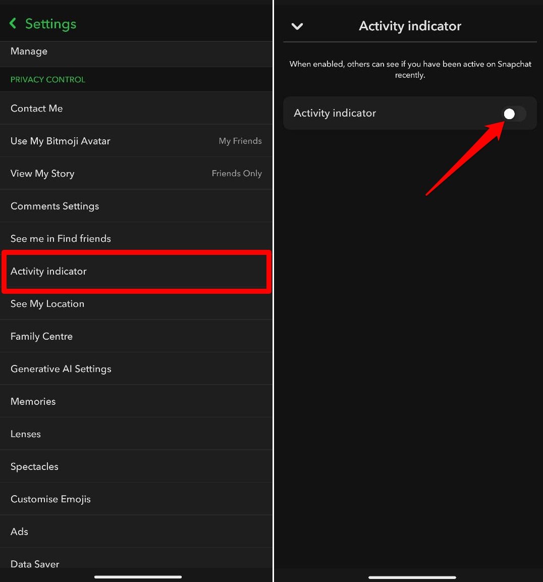 turn off activity indicator on Snapchat