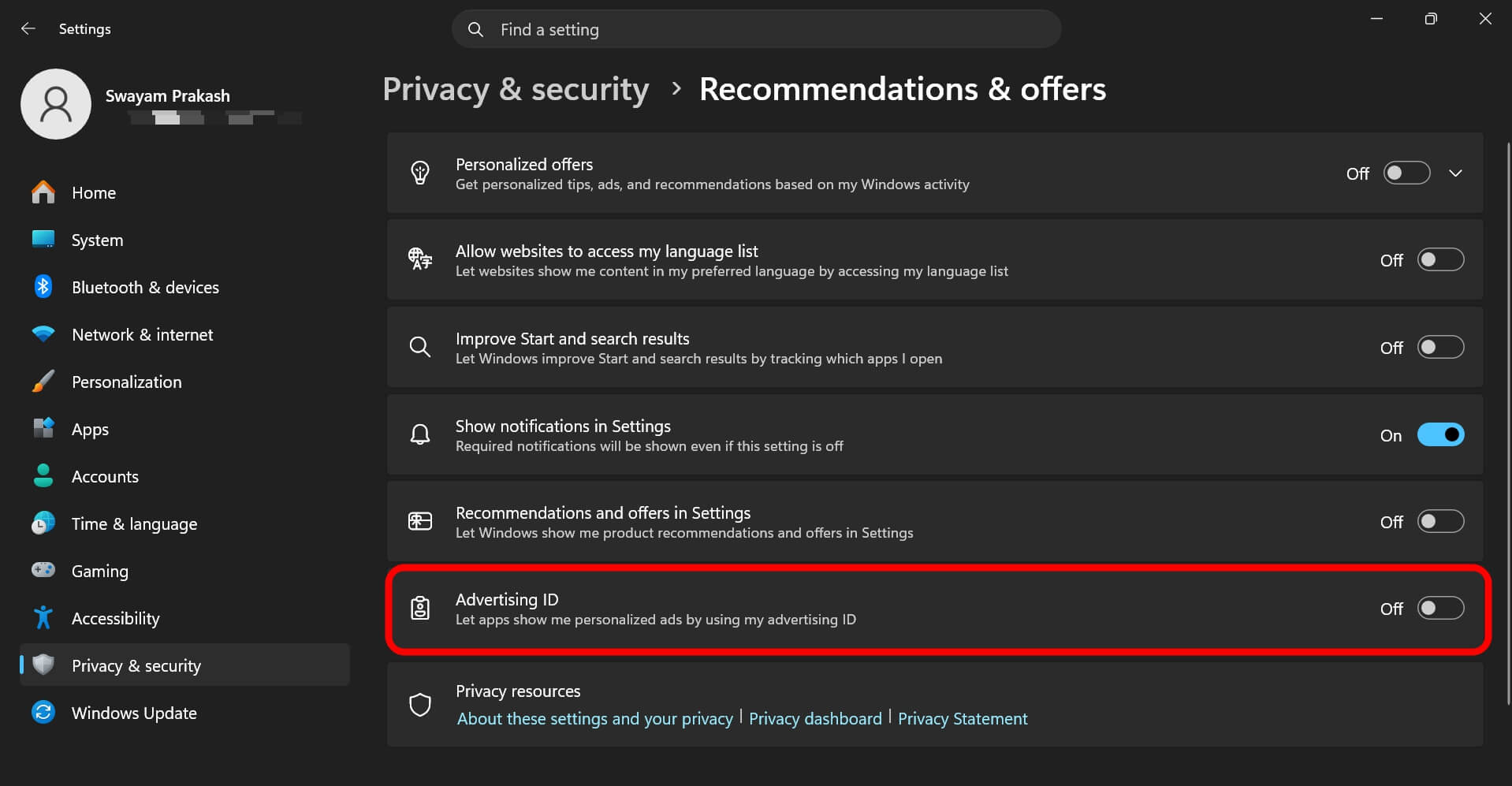 turn off advertising ID in Windows 11