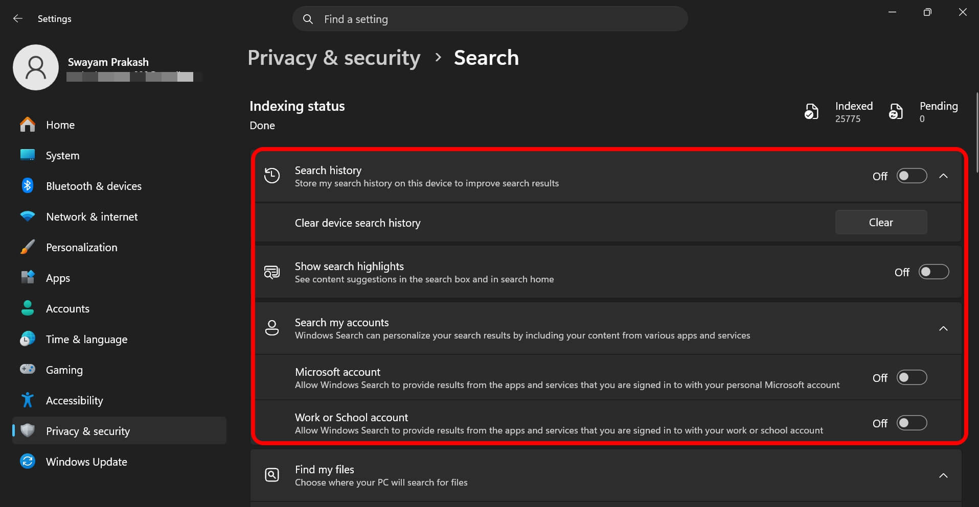 turn off all search history in windows 11
