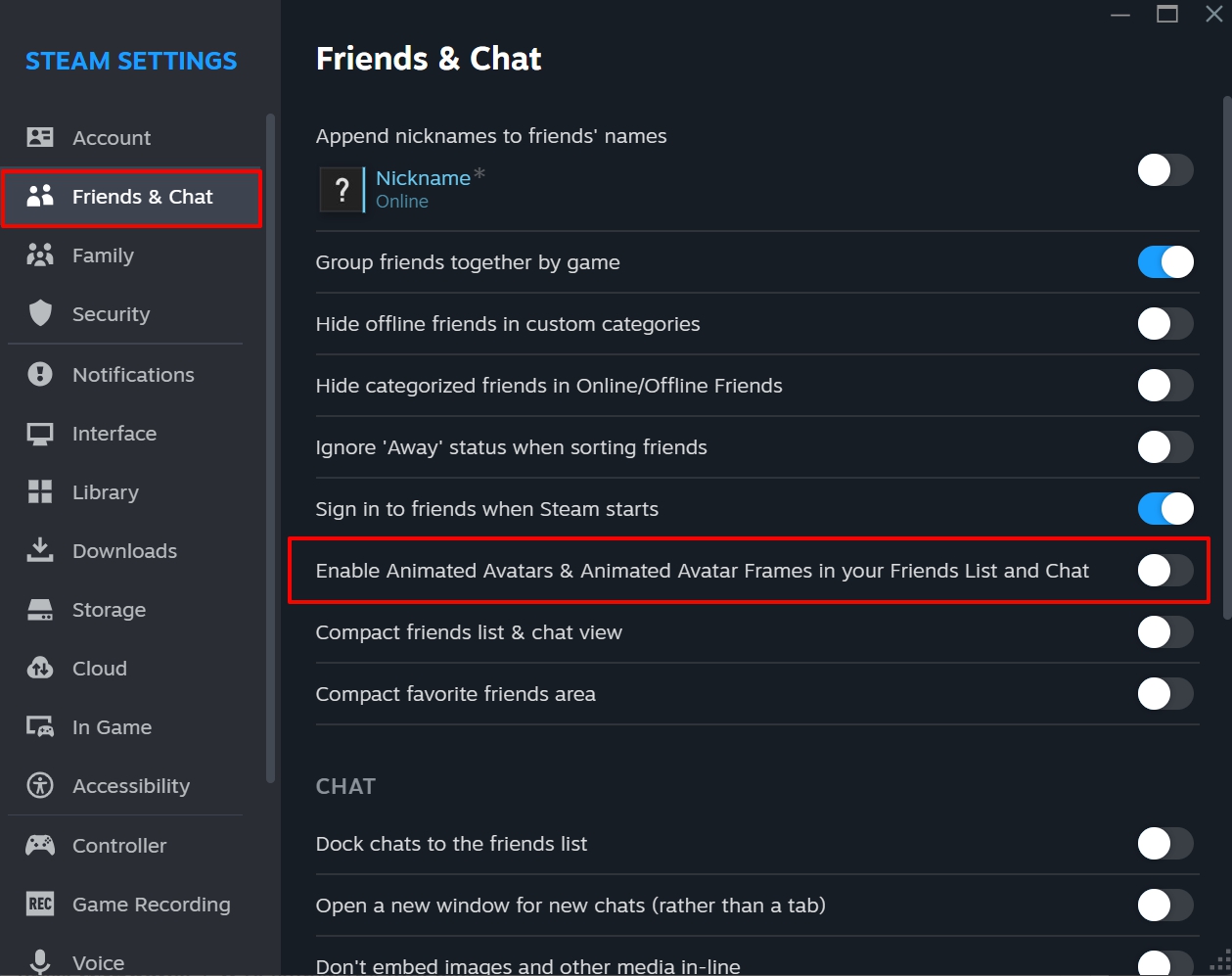 turn off animated avatar frames in Steam