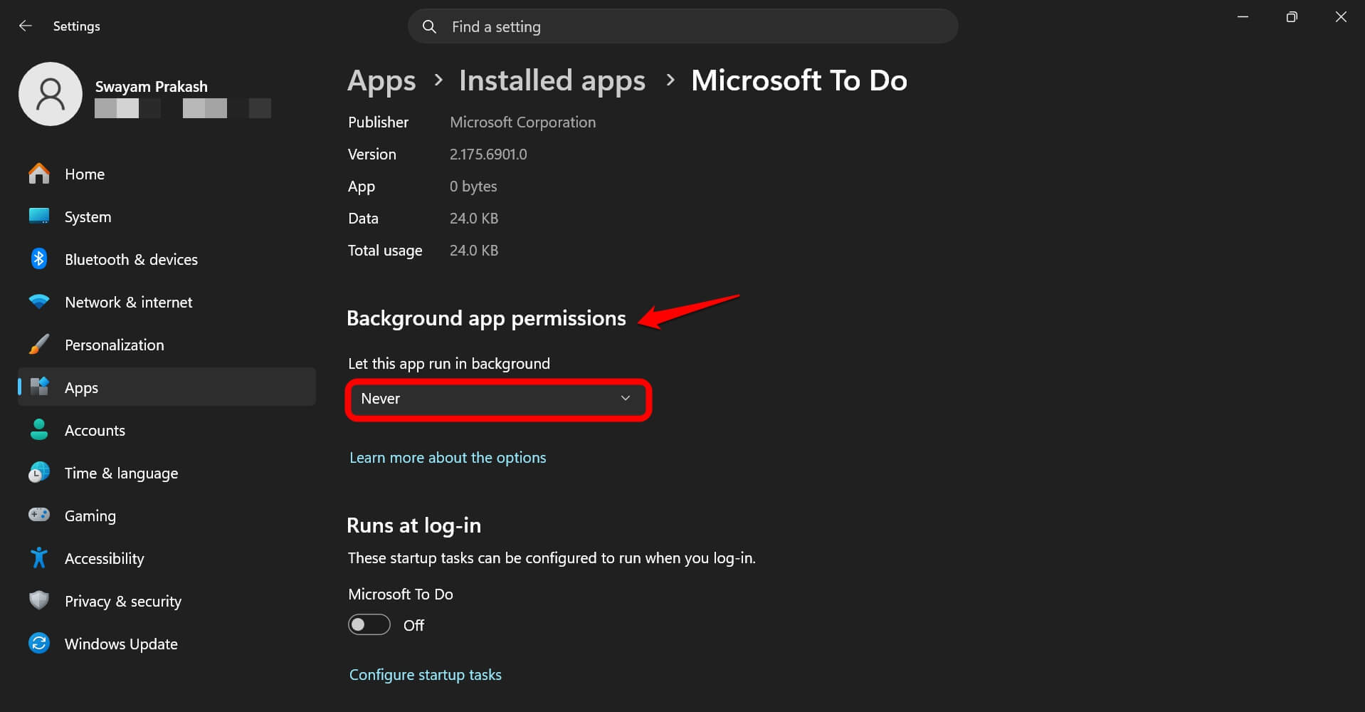 turn off background permissions for an app on Windows 11