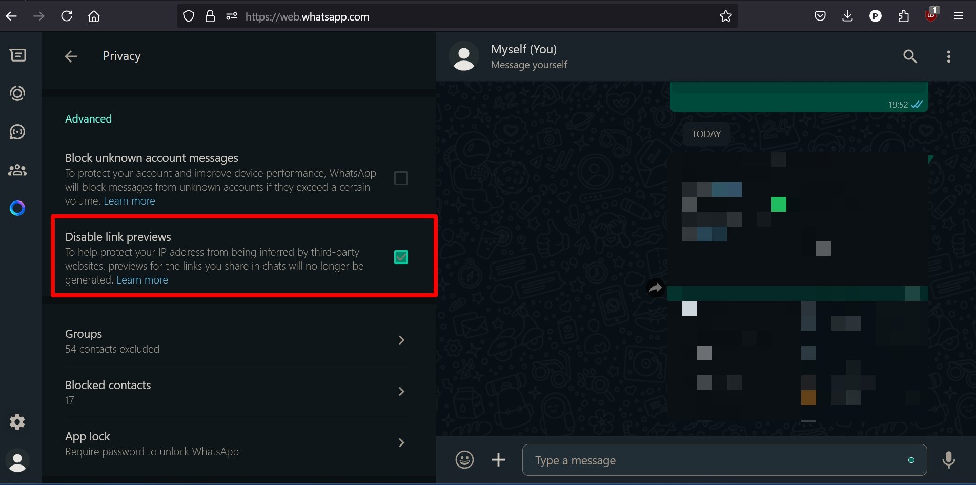 turn off link previews in WhatsApp web