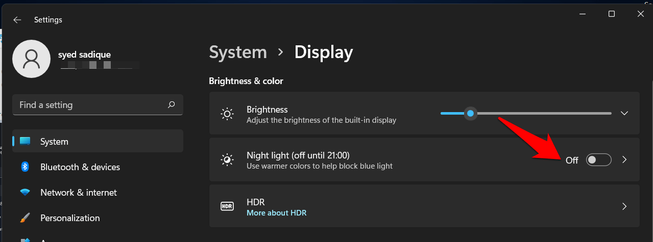 turn off night light in windows 11