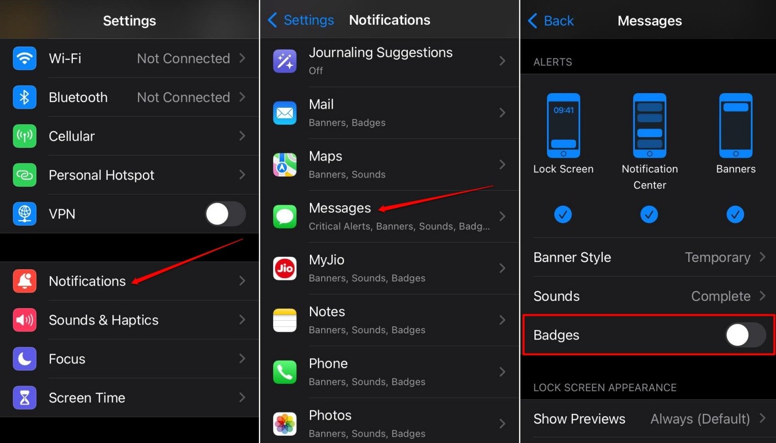 turn off notification badge for iPhone Messages app