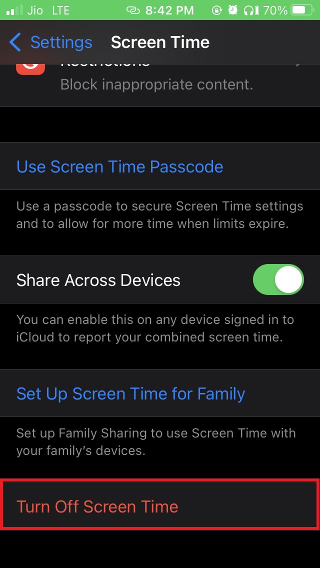 turn off screen time iOS