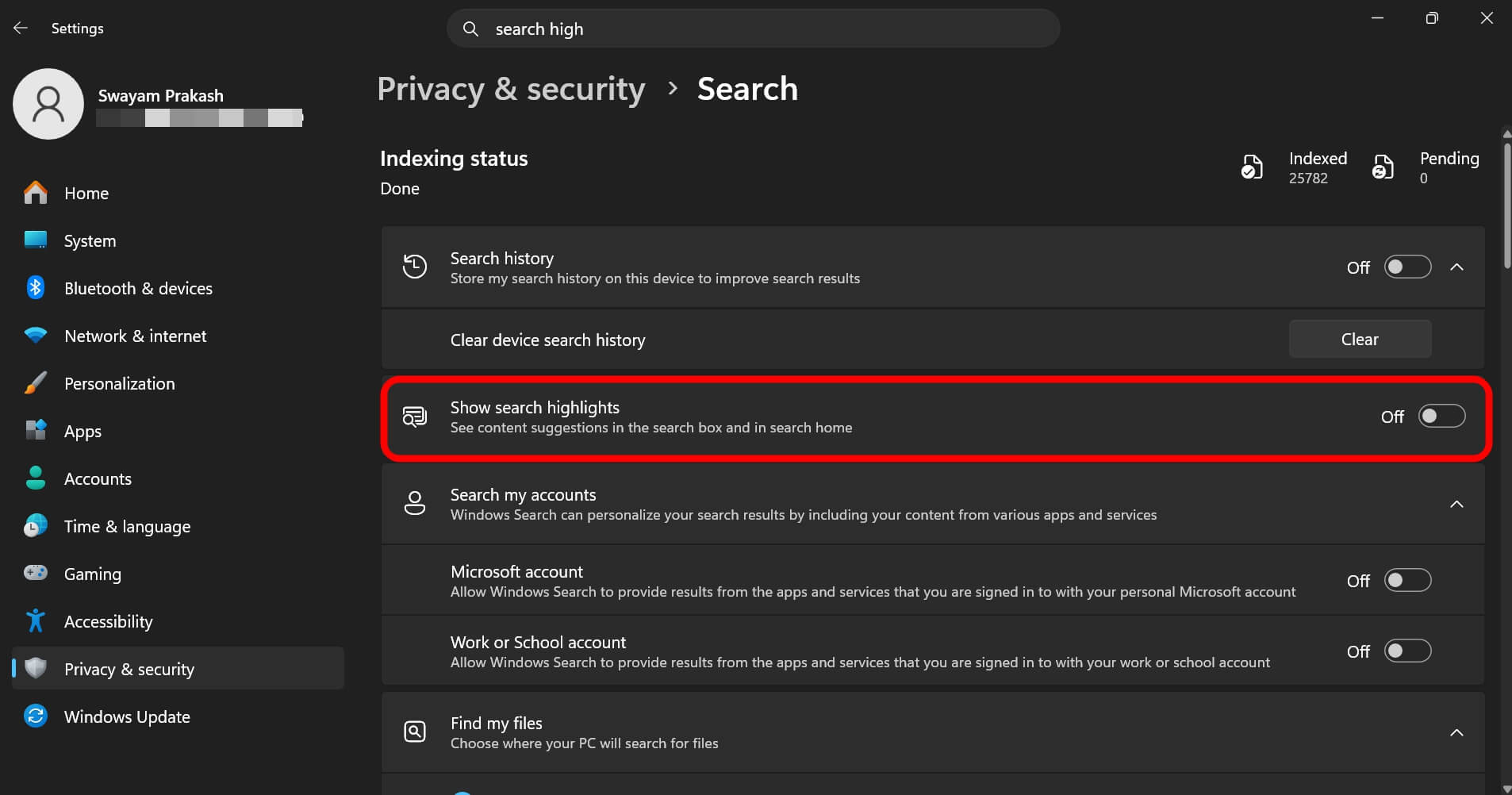 turn off search highlights in Windows 11