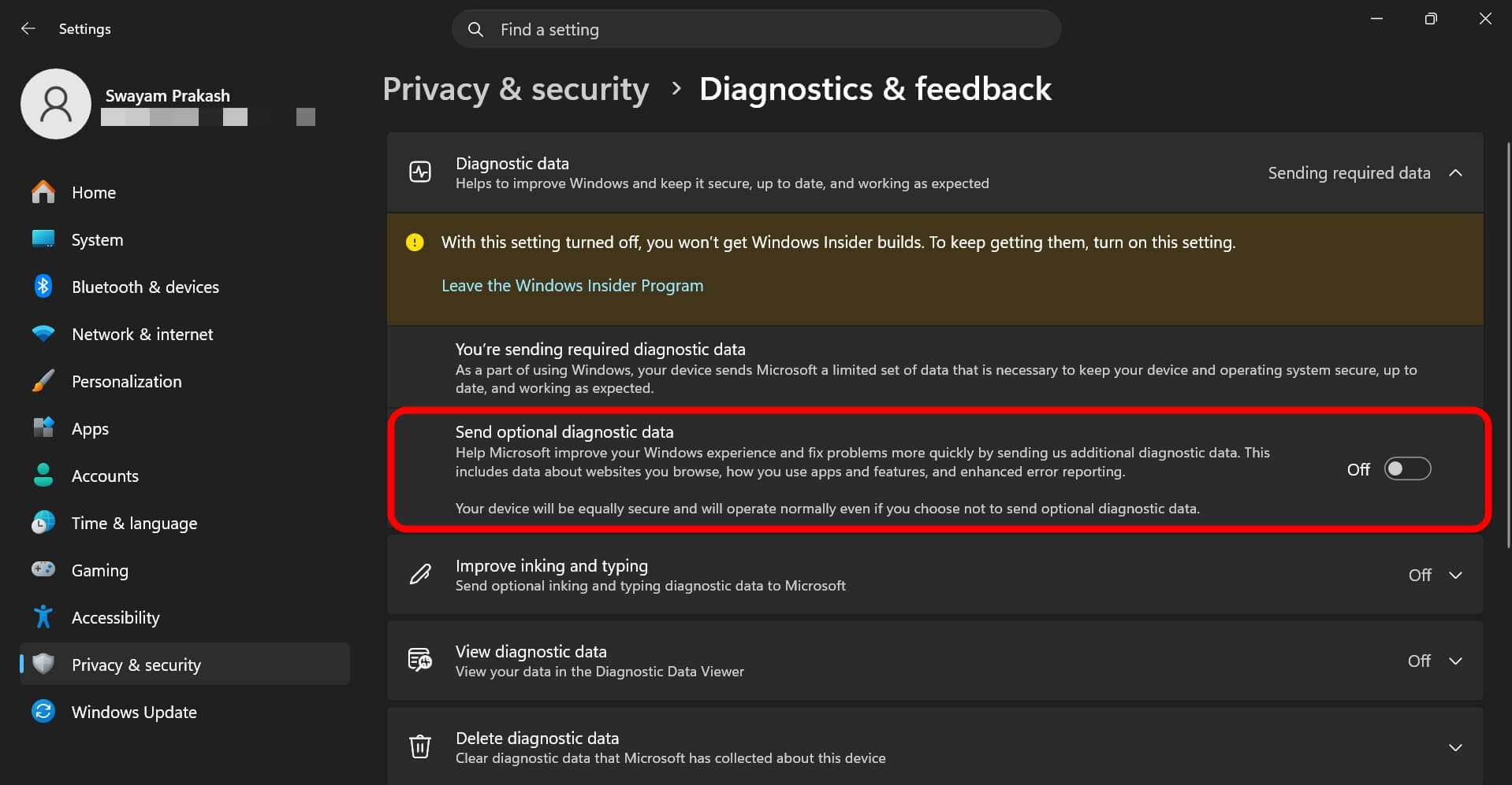 turn off send optional diagnostics data in Windows 11