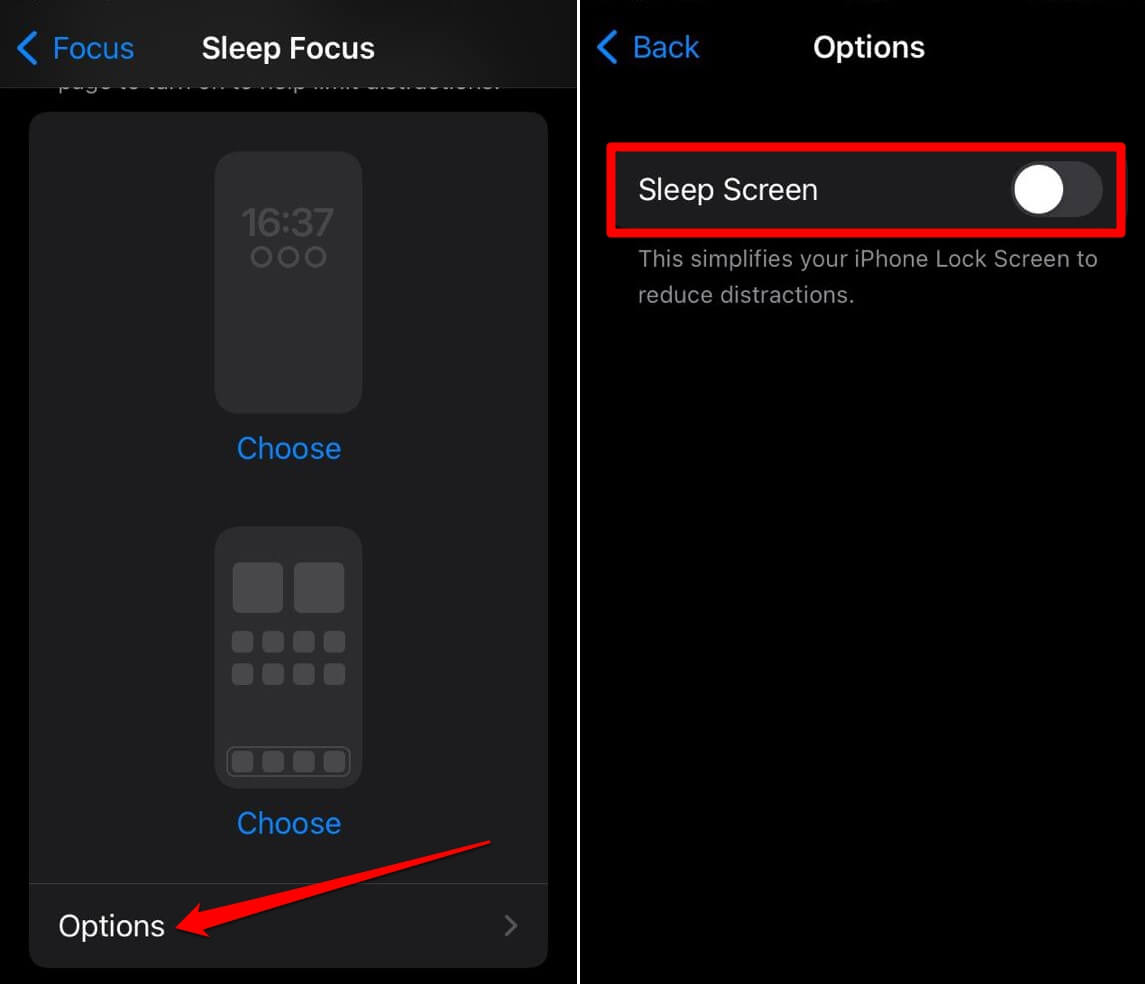turn off sleep screen in iPhone sleep focus