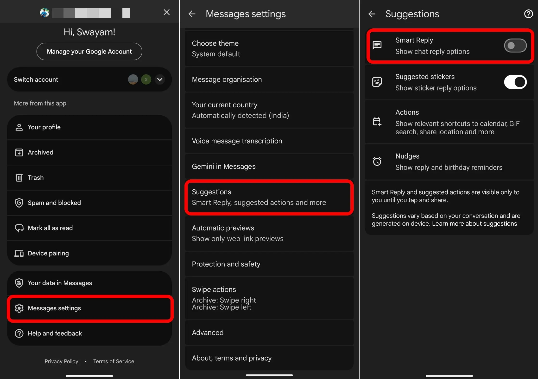 turn off smart reply in Google Messages