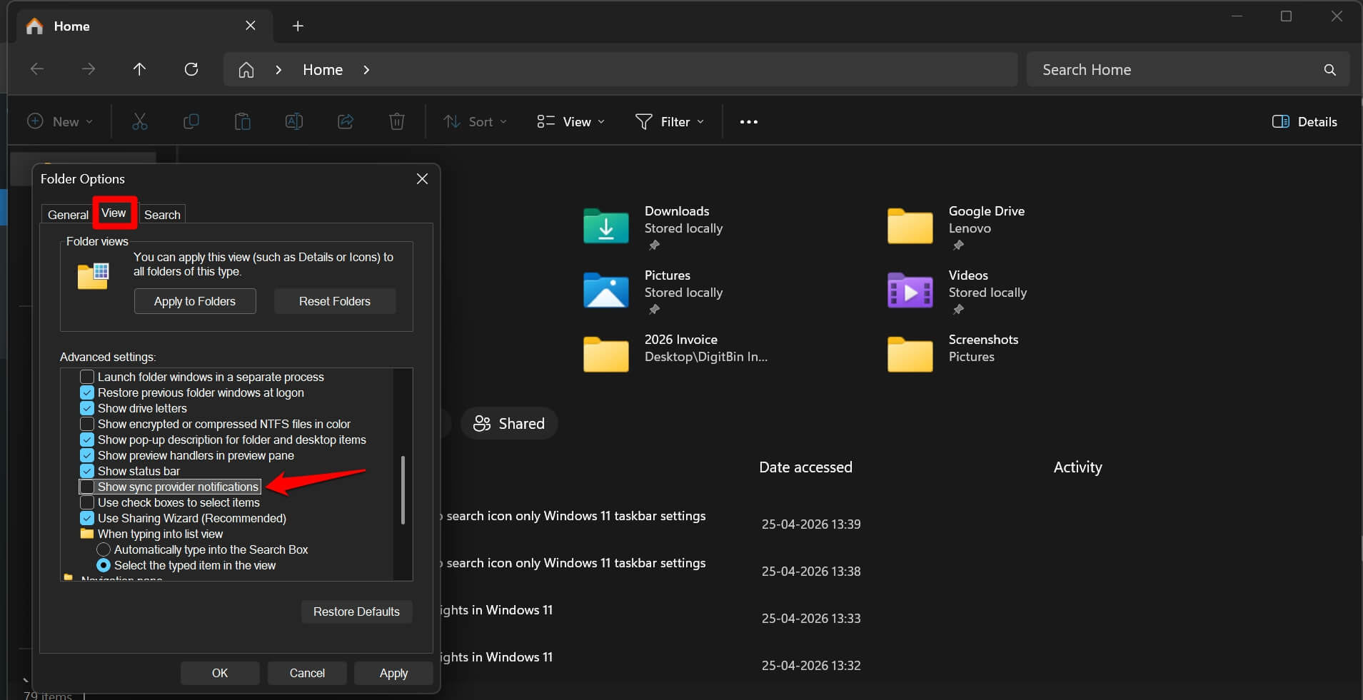 turn off sync provider notifications in Windows 11 file explorer