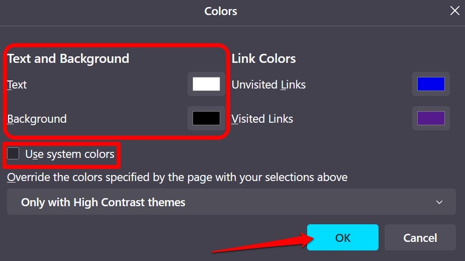 turn off system colors in Firefox browser