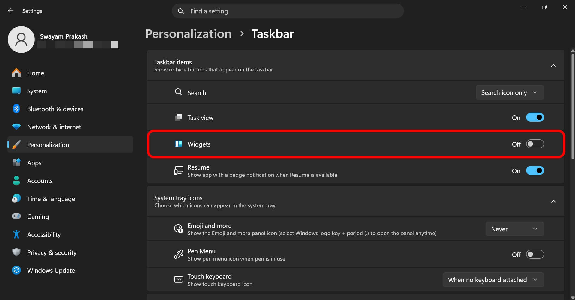 turn off taskbar widgets in windows 11