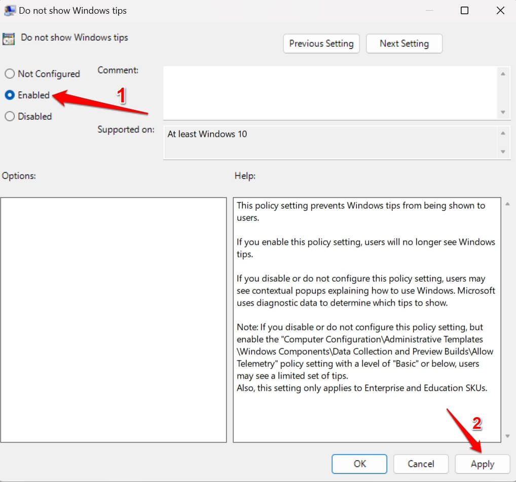 urn-off-tips-and-suggestions in Windows 11 using Group policy editor