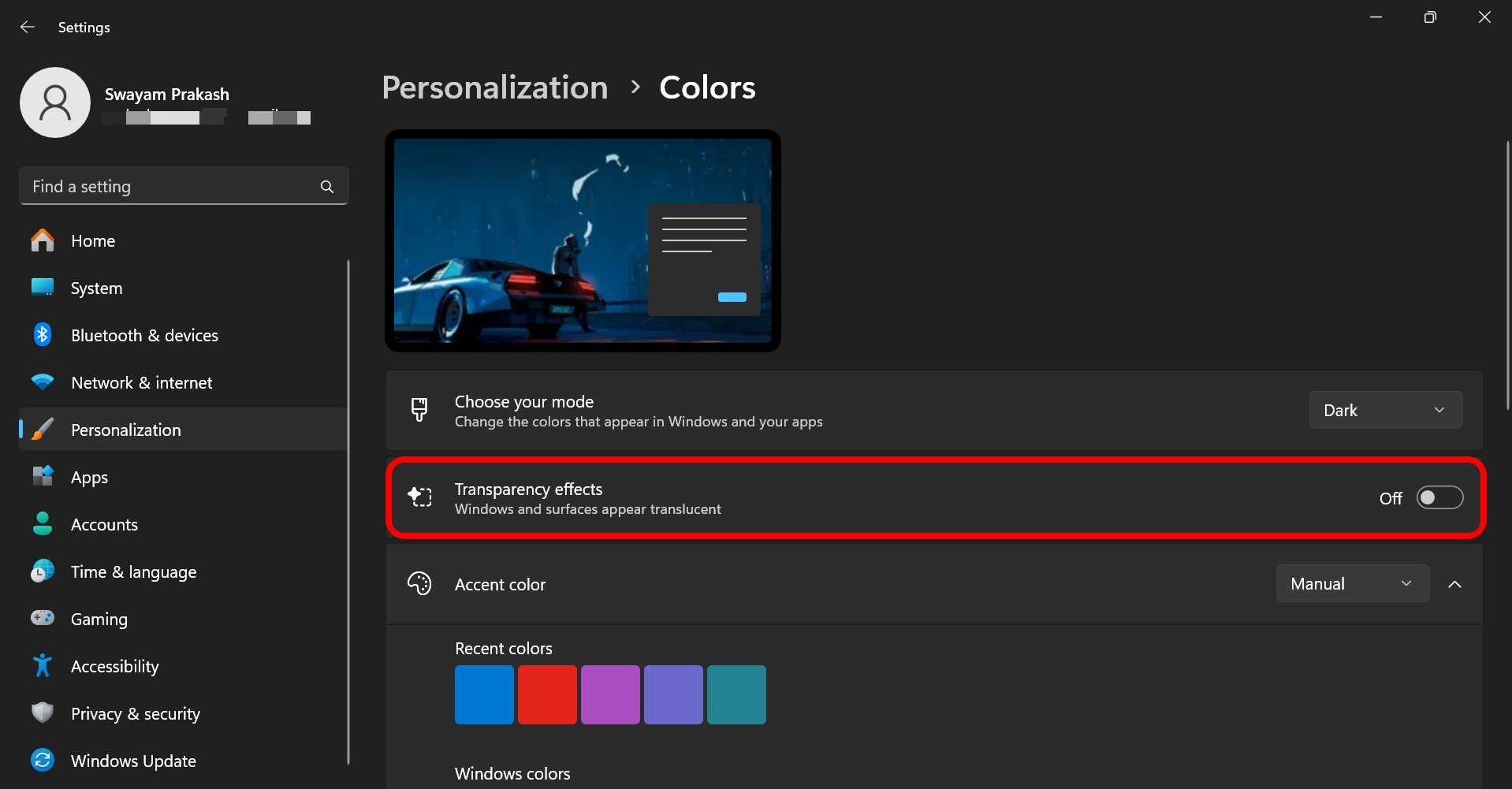 turn-off transparency effects on Windows 11