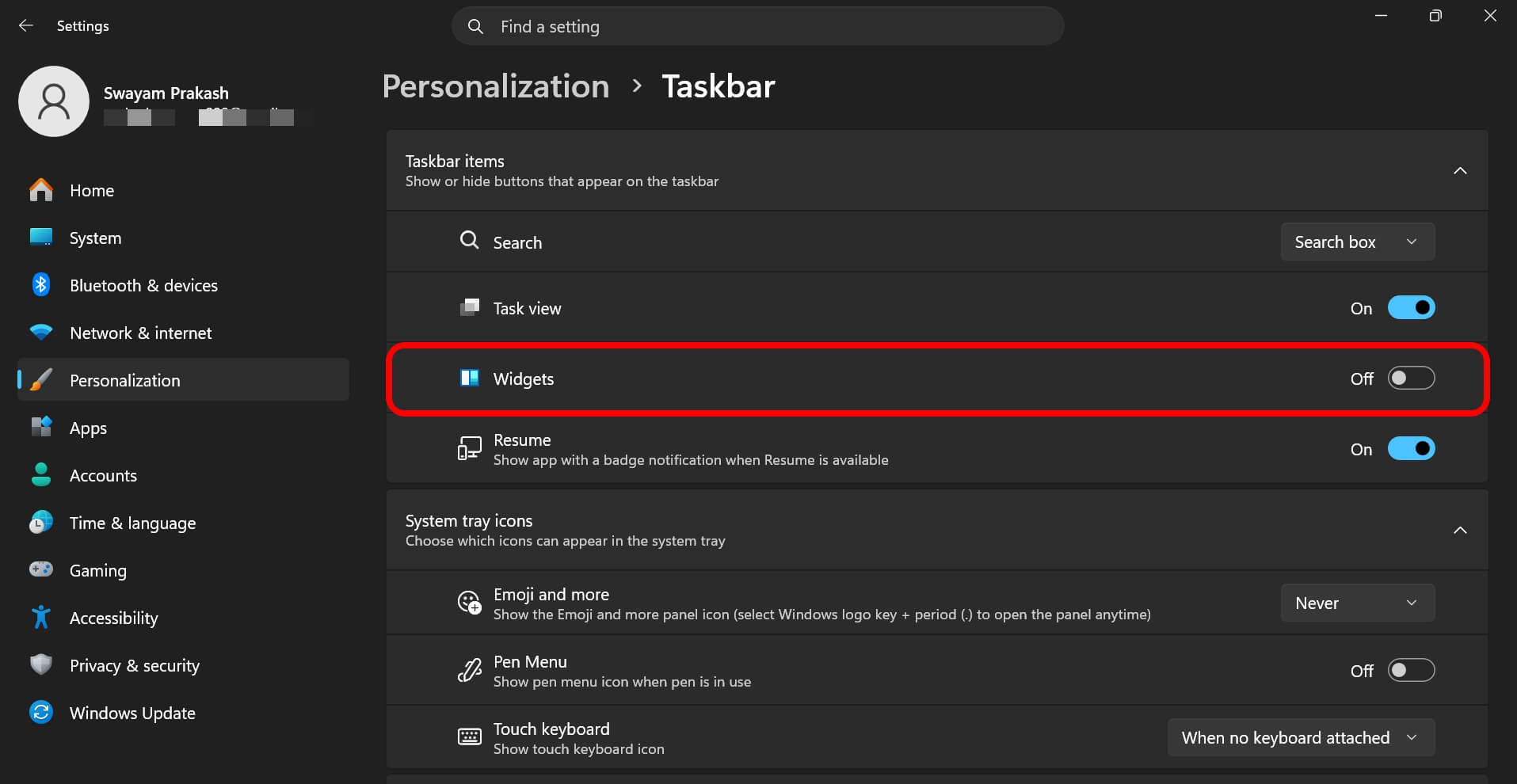 turn off widgets in Windows 11