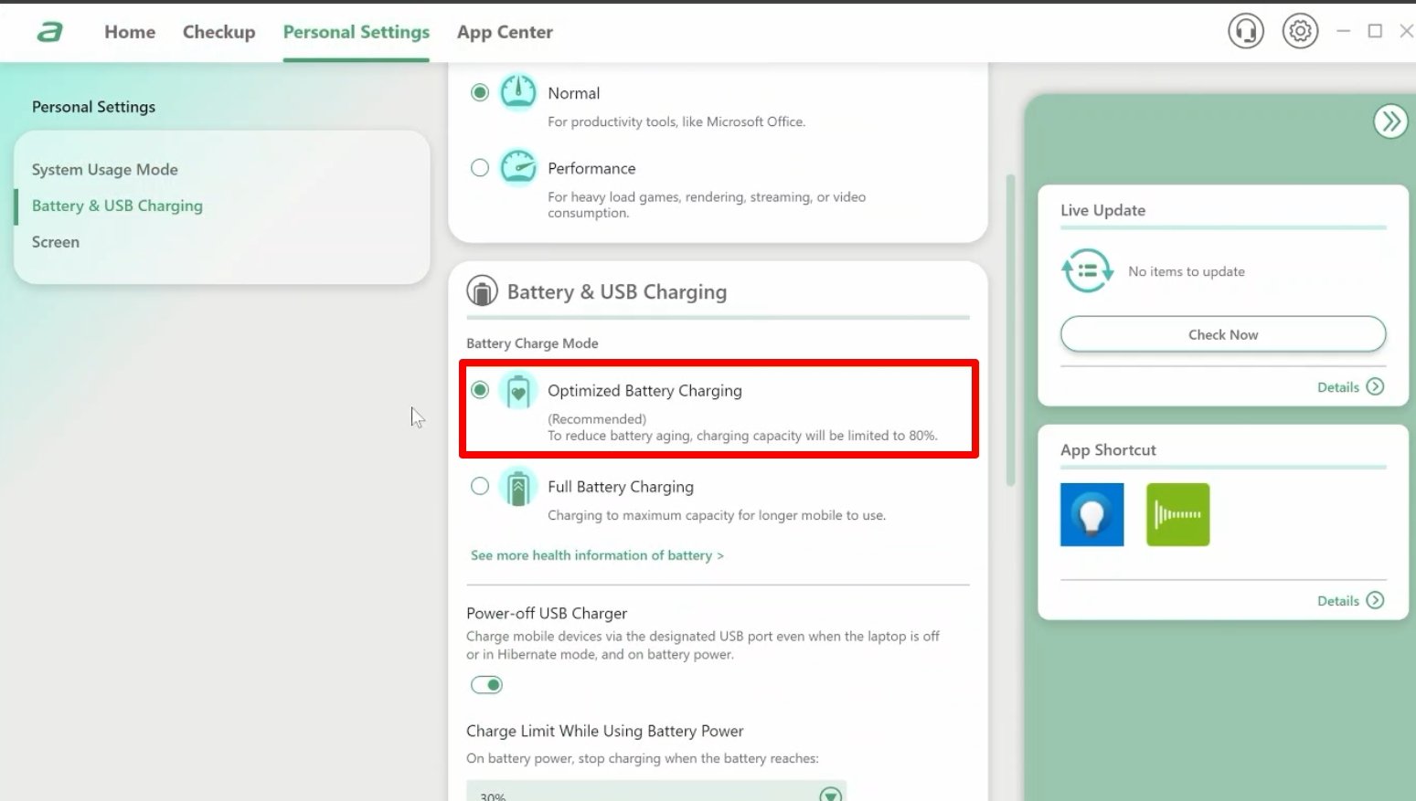 turn on optimized battery charging in Acer laptops