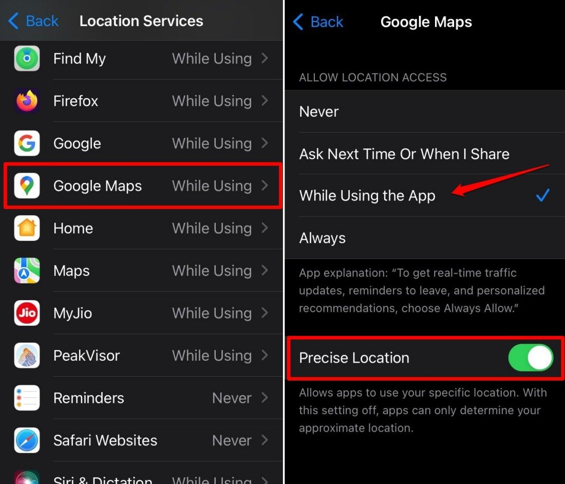 turn on precise location for Google maps on iPhone