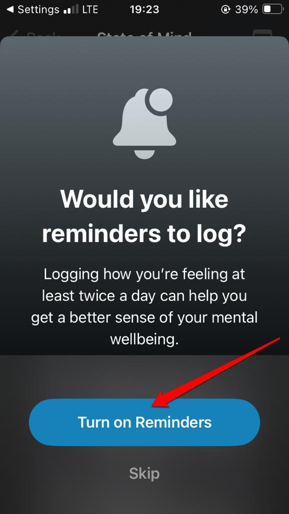 turn on reminder on iPhone to log state of mind 
