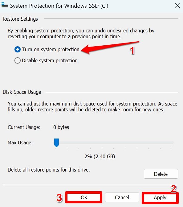 turn on system protection for Windows 11