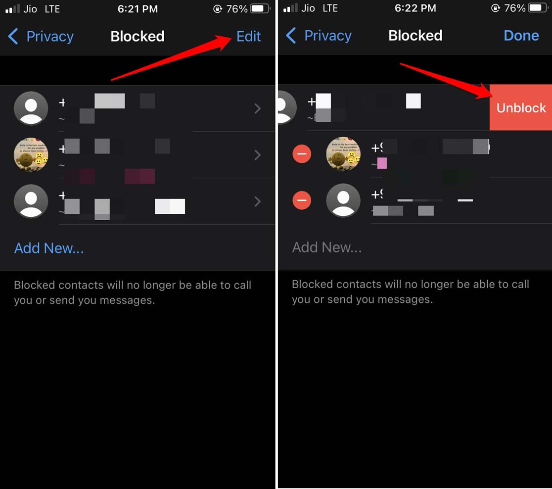 unblock contacts on WhatsApp