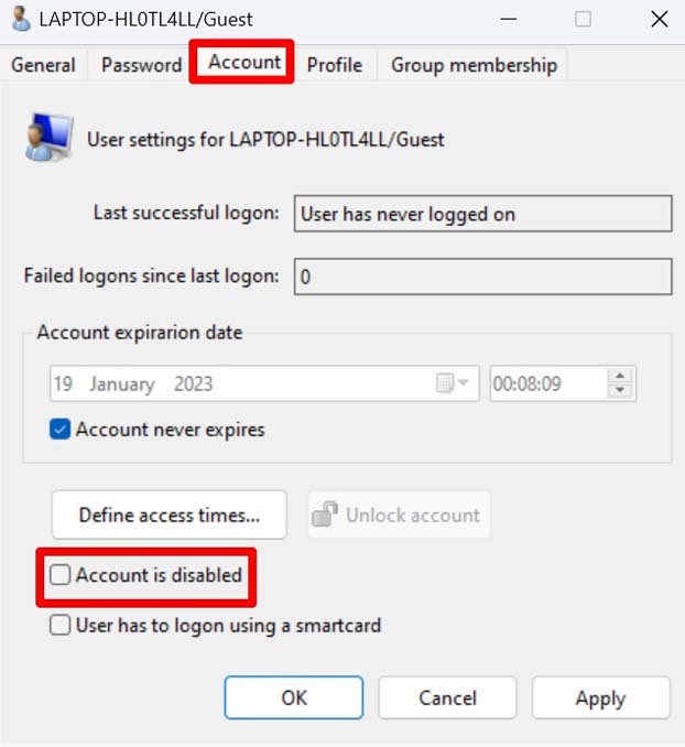 uncheck account is disabled option