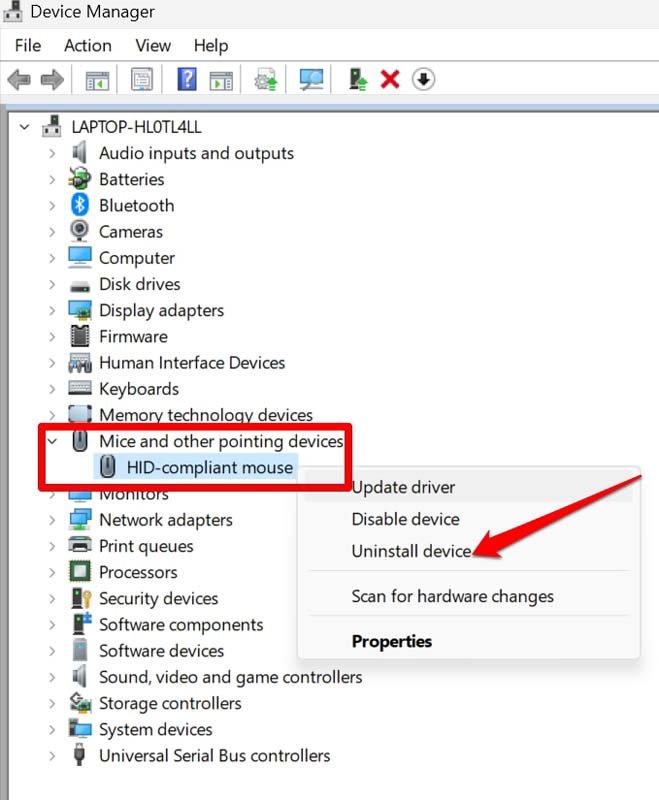 uninstall Mouse driver on Windows