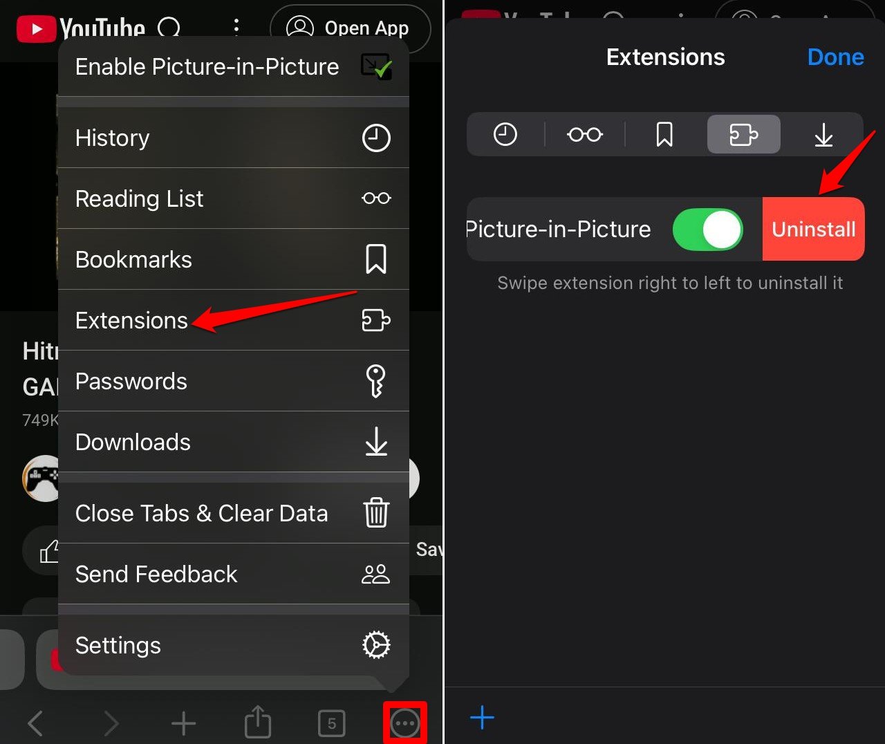 uninstall Pip mode extension from iPhone