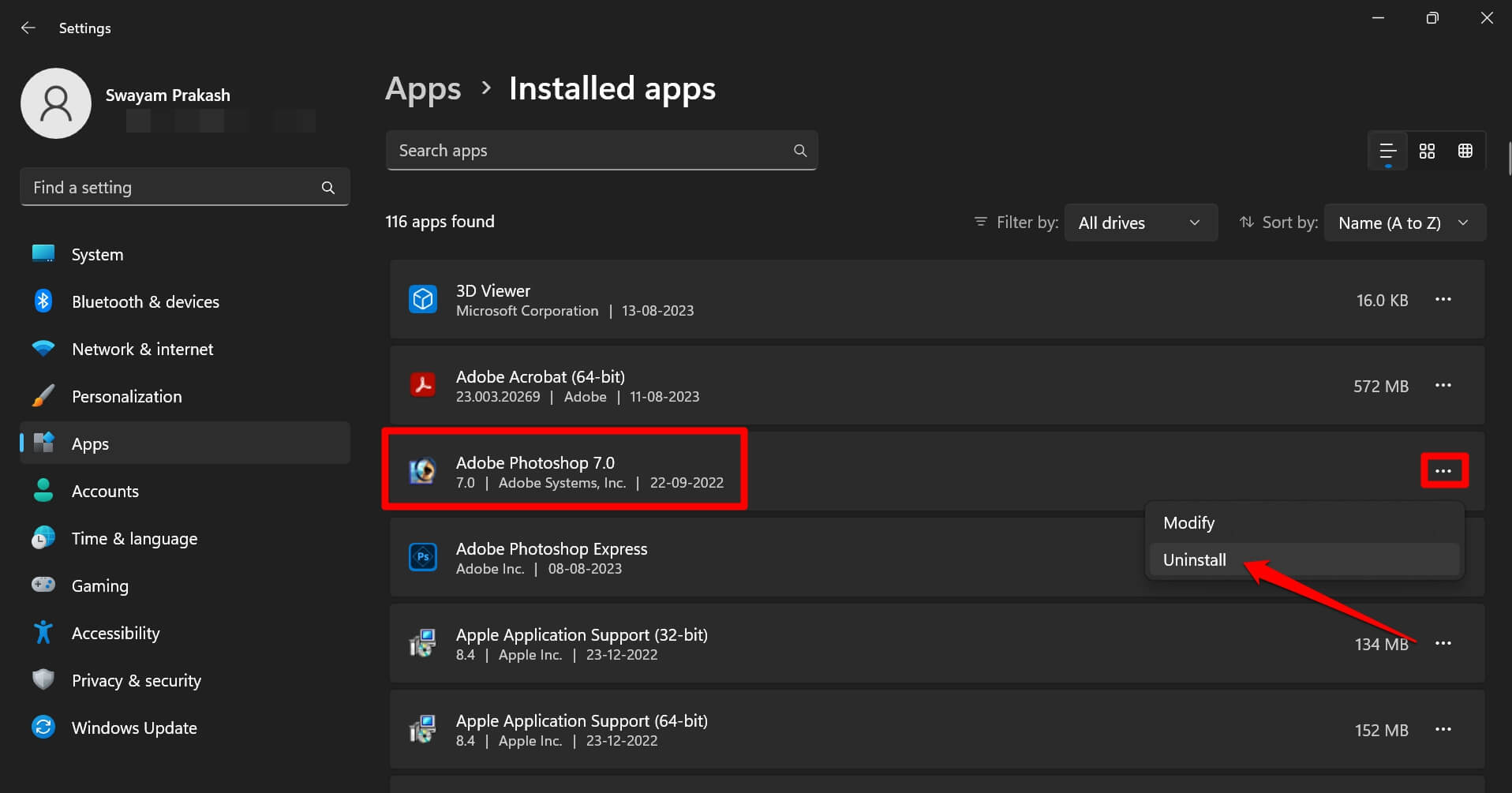 uninstall app from Windows OS 