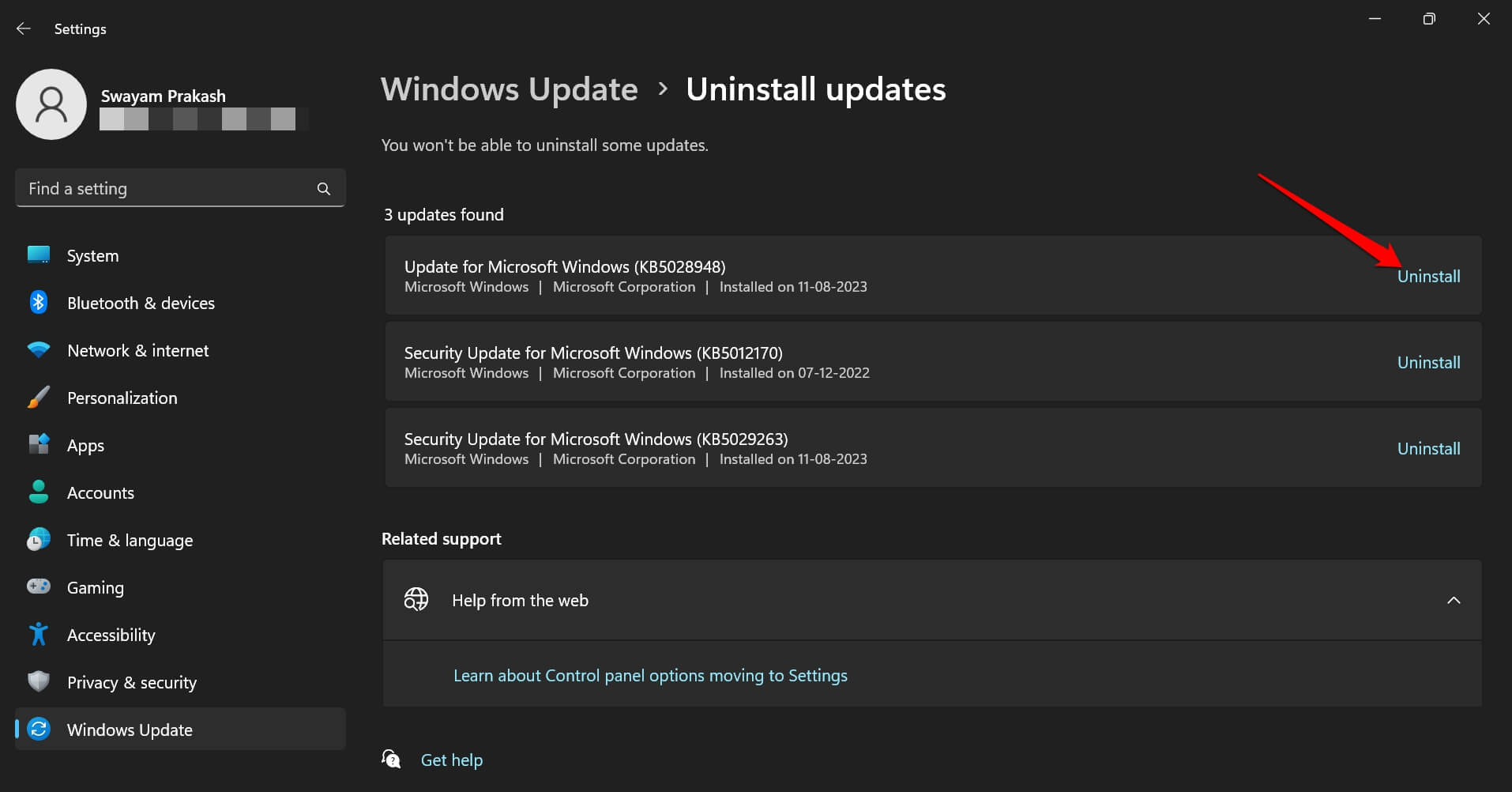 uninstall the latest Windows update